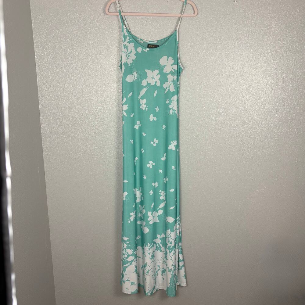Reborn Size Large Maxi Slip Dress Green White Floral Spaghetti Straps Stretchy